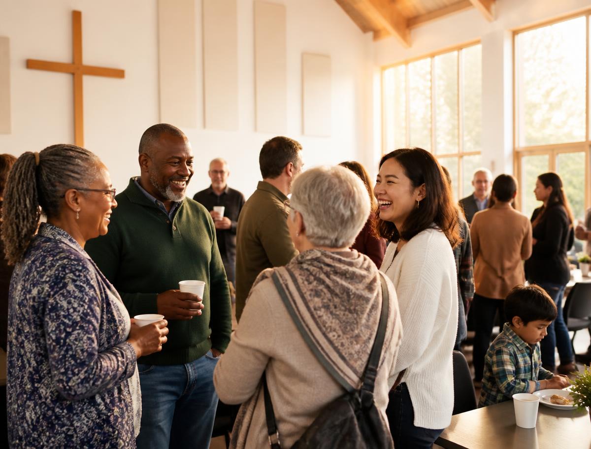 Membres de l'église en train d'échanger autour d'un café après le culte