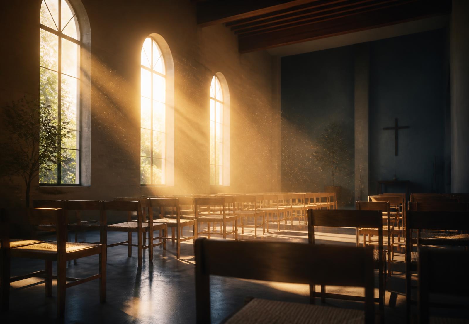 Lumière du matin traversant les hautes fenêtres de la salle de culte